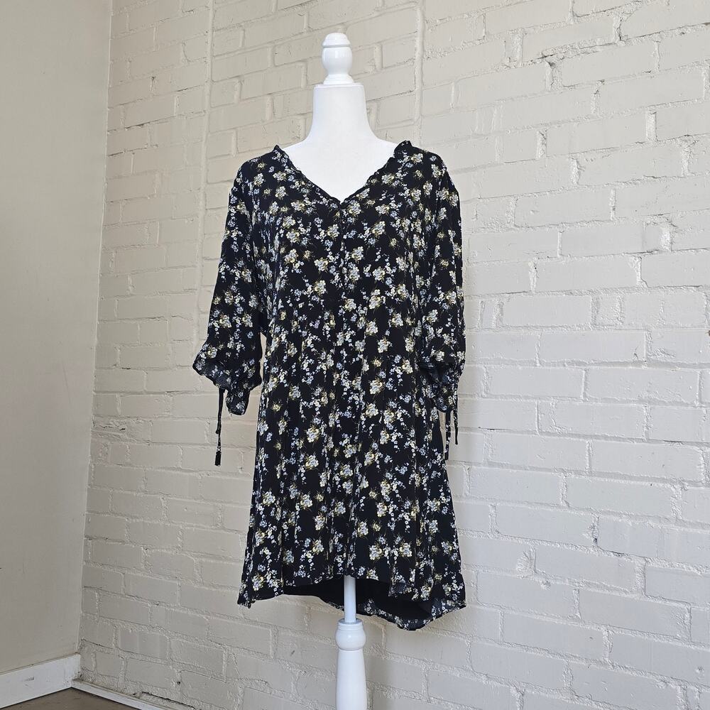 Whimsigoth Black Floral Mini Dress┃ Boho Tunic Tie ┃​CCX Plus Size 20 ┃Fairycore